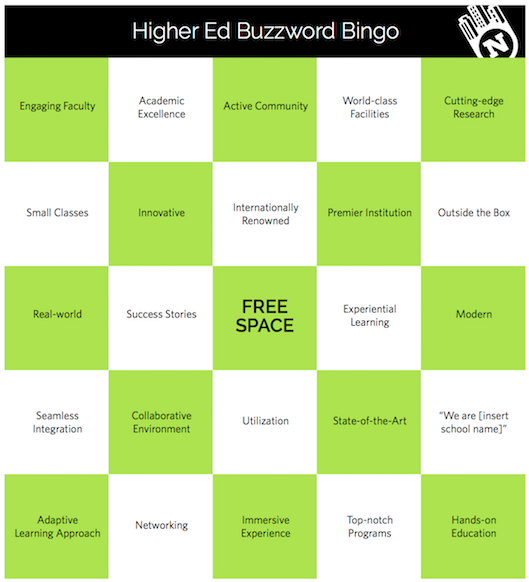 An image of a bingo card with buzzwards used in higher education.