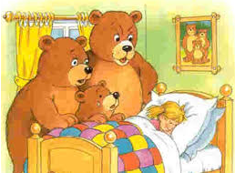 An image of goldilocks sleeping with the three bears looking on.