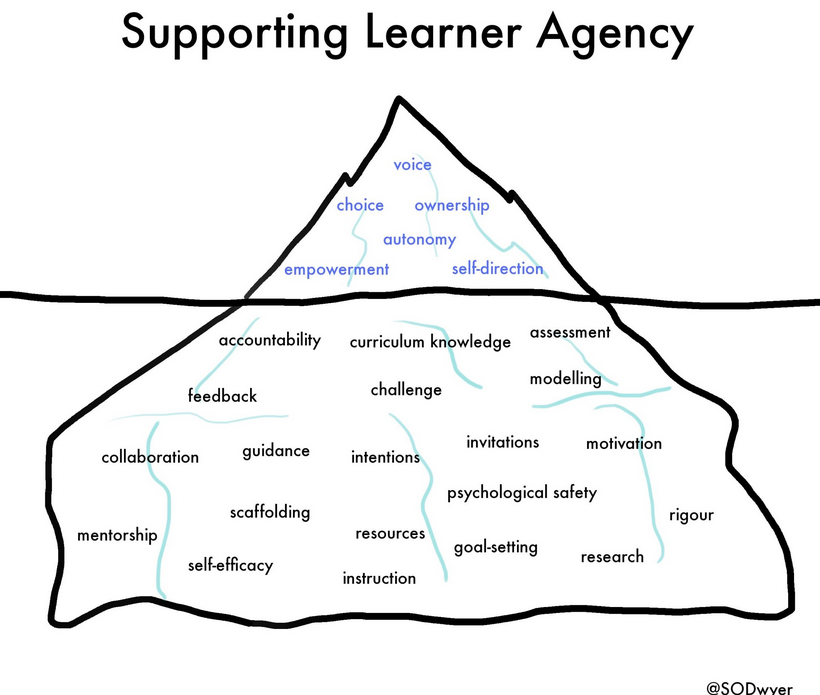 An image of an iceberg with some behaviors associated with learner agency visable above the water line and many more below the surface.